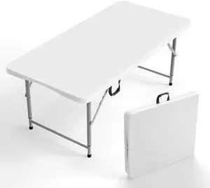 4 FT Plastic Folding Camping Table,3-Level Adjustable Height, Portable in/Outdoor Party Picnic Dining Desk, Garden Soccer Multipurpose Entertaining ActivitiesWhite 4 FT Plastic Folding Camping Table,3-Level Adjustable Height, Portable in/Outdoor Party Picnic Dining Desk, Garden Soccer Multipurpose Entertaining ActivitiesWhite