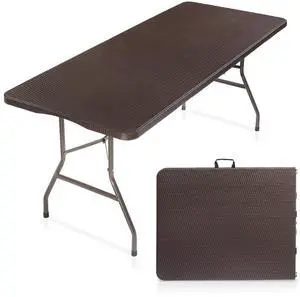 6 Foot Plastic Folding Table Portable Long Table for Indoor Outdoor Use Rectangular with Carrying Handle,Rattan Patterned HDPE Tabletop, Brown 6 Foot Plastic Folding Table Portable Long Table for Indoor Outdoor Use Rectangular with Carrying Handle,Rattan Patterned HDPE Tabletop, Brown