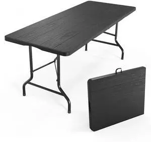 6 Foot Plastic Folding Table Portable Long Table for Indoor Outdoor Use Rectangular with Carrying Handle, Tree Patterned HDPE Tabletop, Black 6 Foot Plastic Folding Table Portable Long Table for Indoor Outdoor Use Rectangular with Carrying Handle, Tree Patterned HDPE Tabletop, Black