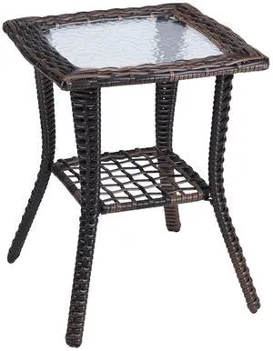 Outdoor Side Table with Storage Wicker Patio Side Table, Tempered Glass Top End Table for Balcony Porch Deck (Brown) Outdoor Side Table with Storage Wicker Patio Side Table, Tempered Glass Top End Table for Balcony Porch Deck (Brown)