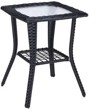 Outdoor Side Table with Storage Wicker Patio Side Table, Tempered Glass Top End Table for Balcony Porch Deck (Black) Outdoor Side Table with Storage Wicker Patio Side Table, Tempered Glass Top End Table for Balcony Porch Deck (Black)