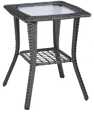 Outdoor Side Table with Storage Wicker Patio Side Table, Tempered Glass Top End Table for Balcony Porch Deck (Grey) Outdoor Side Table with Storage Wicker Patio Side Table, Tempered Glass Top End Table for Balcony Porch Deck (Grey)