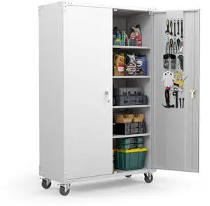 Upgraded Wide & Deep Garage Storage Cabinet, Metal Storage Cabinet with Pegboards, Wheels, Locking Doors and Adjustable Shelves (Gray, 43''W x 20''D x 72''H) Upgraded Wide & Deep Garage Storage Cabinet, Metal Storage Cabinet with Pegboards, Wheels, Locking Doors and Adjustable Shelves (Gray, 43''W x 20''D x 72''H)