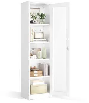 Lockable Display Cabinet with Glass Door & 4 Adjustable Shelves, 65" Tall Metal Storage Cabinet Curio Liquor, Bookshelf Bookcase for Home Office Living Room Pantry Garage (White) Lockable Display Cabinet with Glass Door & 4 Adjustable Shelves, 65" Tall Metal Storage Cabinet Curio Liquor, Bookshelf Bookcase for Home Office Living Room Pantry Garage (White)