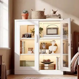 Lockable Display Cabinet with Glass Door & 3 Shelves, 35.5" H Metal Storage Cabinet Curio Liquor, Bookshelf Bookcase for Home Office Living Room Pantry Garage (White) Lockable Display Cabinet with Glass Door & 3 Shelves, 35.5" H Metal Storage Cabinet Curio Liquor, Bookshelf Bookcase for Home Office Living Room Pantry Garage (White)