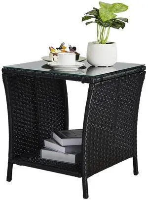Outdoor Wicker Side Table Patio Side Tables for Outside, Tempered Glass Top Wicker Table with Storage End Table for Balcony Porch Deck (Black) Outdoor Wicker Side Table Patio Side Tables for Outside, Tempered Glass Top Wicker Table with Storage End Table for Balcony Porch Deck (Black)