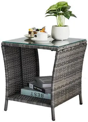 Outdoor Wicker Side Table Patio Side Tables for Outside, Tempered Glass Top Wicker Table with Storage End Table for Balcony Porch Deck (Grey) Outdoor Wicker Side Table Patio Side Tables for Outside, Tempered Glass Top Wicker Table with Storage End Table for Balcony Porch Deck (Grey)