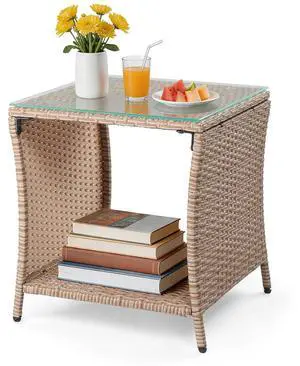 Outdoor Wicker Side Table Patio Side Tables for Outside, Tempered Glass Top Wicker Table with Storage End Table for Balcony Porch Deck (Natural) Outdoor Wicker Side Table Patio Side Tables for Outside, Tempered Glass Top Wicker Table with Storage End Table for Balcony Porch Deck (Natural)