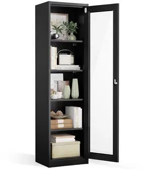 Lockable Display Cabinet with Glass Door & 4 Adjustable Shelves, 65" Tall Metal Storage Cabinet Curio Liquor, Bookshelf Bookcase for Home Office Living Room Pantry Garage (Black) Lockable Display Cabinet with Glass Door & 4 Adjustable Shelves, 65" Tall Metal Storage Cabinet Curio Liquor, Bookshelf Bookcase for Home Office Living Room Pantry Garage (Black)