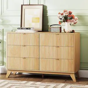Fluted Dresser for Bedroom, 6 Drawer Dresser w/Rounded Edges, Mid Century Modern Dressers Natural Wood Color, 46.8" W*15.6" D*31" H Fluted Dresser for Bedroom, 6 Drawer Dresser w/Rounded Edges, Mid Century Modern Dressers Natural Wood Color, 46.8" W*15.6" D*31" H