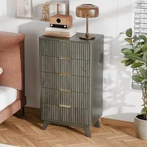 Fluted Tall Dresser 5 Drawer, 23.66" W Chest of Drawers Gray Wood Dresser with Rounded Edges, Grey Dressers for Bedroom, 23.66" W*15.6" D*44.88" H Fluted Tall Dresser 5 Drawer, 23.66" W Chest of Drawers Gray Wood Dresser with Rounded Edges, Grey Dressers for Bedroom, 23.66" W*15.6" D*44.88" H