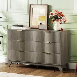 Fluted Grey Dresser 6 Drawer Gray Dresser with Rounded Edges, Grey Dressers for Bedroom, 46.8" W*15.5" D*31" H Fluted Grey Dresser 6 Drawer Gray Dresser with Rounded Edges, Grey Dressers for Bedroom, 46.8" W*15.5" D*31" H