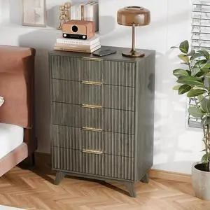 Fluted Tall Dresser 5 Drawer Grey Chest of Drawers, Wood Dresser with Rounded Edges, Gray Chest Dressers for Bedroom, 29.92" W*15.6" D*44.88" H Fluted Tall Dresser 5 Drawer Grey Chest of Drawers, Wood Dresser with Rounded Edges, Gray Chest Dressers for Bedroom, 29.92" W*15.6" D*44.88" H