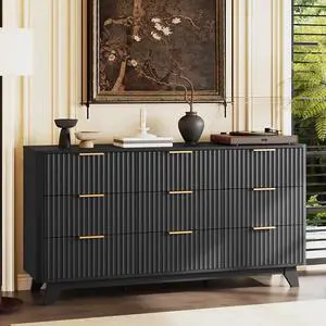 Black Dresser 9 Drawer, Fluted Dresser with Rounded Edges, 57" Long Modern Dressers for Bedroom, Black and Gold, 57" W*15.75" D*29.92" H Black Dresser 9 Drawer, Fluted Dresser with Rounded Edges, 57" Long Modern Dressers for Bedroom, Black and Gold, 57" W*15.75" D*29.92" H