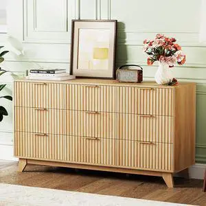 Fluted 9 Drawer Dresser for Bedroom, Wood Dresser with Rounded Edges, 57" Long Dressers Oak, Natural Wood Color, 57" W*15.75" D*29.92" H Fluted 9 Drawer Dresser for Bedroom, Wood Dresser with Rounded Edges, 57" Long Dressers Oak, Natural Wood Color, 57" W*15.75" D*29.92" H