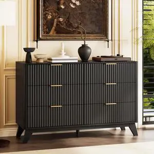 Black Fluted 6 Drawer Dresser with Rounded Edges, Black Modern Dresser for Bedroom, 46.8" W*15.5" D*31" H Black Fluted 6 Drawer Dresser with Rounded Edges, Black Modern Dresser for Bedroom, 46.8" W*15.5" D*31" H