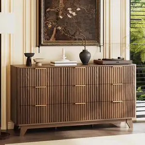 Fluted Walnut Dresser 9 Drawer, Dark Wood Dresser Brown with Rounded Edges, 57" Long Mid Century Modern Dressers for Bedroom, 57" W*15.75" D*29.92" H Fluted Walnut Dresser 9 Drawer, Dark Wood Dresser Brown with Rounded Edges, 57" Long Mid Century Modern Dressers for Bedroom, 57" W*15.75" D*29.92" H