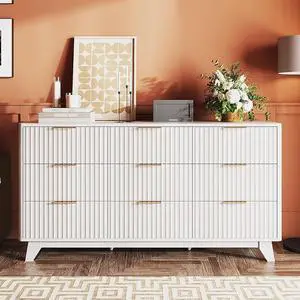 9 Drawer Dresser White Fluted Dresser for Bedroom with Rounded Edges, 57" Long Wood Dressers White and Gold, 57" W*15.75" D*29.92" H 9 Drawer Dresser White Fluted Dresser for Bedroom with Rounded Edges, 57" Long Wood Dressers White and Gold, 57" W*15.75" D*29.92" H