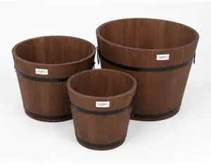 3 PCS Large Wooden Planter Barrel Set, 11.5"(Dia)- 18"(Dia) Real Wood Indoor/Outdoor Flower Pot w/Drainage Holes, Different Sizes, Large Garden Container Box 3 PCS Large Wooden Planter Barrel Set, 11.5"(Dia)- 18"(Dia) Real Wood Indoor/Outdoor Flower Pot w/Drainage Holes, Different Sizes, Large Garden Container Box