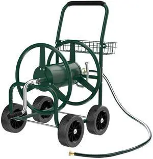 4-Wheel Garden Hose Reel Cart with Storage Basket, Portable Residential Hose Reel Cart, Lawn Watering, for Garden Backyard and Farm (Green 250FT) 4-Wheel Garden Hose Reel Cart with Storage Basket, Portable Residential Hose Reel Cart, Lawn Watering, for Garden Backyard and Farm (Green 250FT)