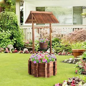 Wooden Wishing Well Outdoor Planters, Well Covers for Yard with 2 Reinforced Rods, Height Adjustable Hanging Bucket, Rustic Flower Pot Home Decor for Outside Patio Garden Wooden Wishing Well Outdoor Planters, Well Covers for Yard with 2 Reinforced Rods, Height Adjustable Hanging Bucket, Rustic Flower Pot Home Decor for Outside Patio Garden