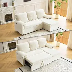 Beige Convertible Futon Sofa Bed, Sleeper Sofa with Pull Out Couch Bed, L-Shaped Sectional Couches for Living Room with Storage Chaise, USB Charging, Side Pocket Beige Convertible Futon Sofa Bed, Sleeper Sofa with Pull Out Couch Bed, L-Shaped Sectional Couches for Living Room with Storage Chaise, USB Charging, Side Pocket