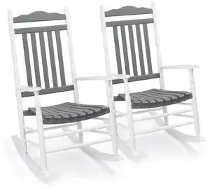 Wooden Rocking Chair, Outdoor Chair with 450 lbs Support, Relaxing Rocker with Solid Wood High Back Seat Reclining Seat for Deck, Garden, Backyard, Porch (White & Grey, 2PCS) Wooden Rocking Chair, Outdoor Chair with 450 lbs Support, Relaxing Rocker with Solid Wood High Back Seat Reclining Seat for Deck, Garden, Backyard, Porch (White & Grey, 2PCS)