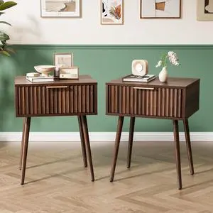 Nightstands Set of 2, Fluted Night Stand with Drawer, Bedside Table, Wood Nightstand for Bedroom, Mid Century Modern End Tables, Walnut, 18.9" W*14.96" D*24" H Nightstands Set of 2, Fluted Night Stand with Drawer, Bedside Table, Wood Nightstand for Bedroom, Mid Century Modern End Tables, Walnut, 18.9" W*14.96" D*24" H