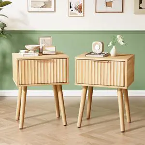 Night Stand Set 2, Fluted Nightstands with Drawer, Mid Century Modern Nightstands Set of 2, Bedside Table, End Table, Wood Nightstand for Bedroom, Natural Oak, 15.75" W*11.81" D*21.85" H Night Stand Set 2, Fluted Nightstands with Drawer, Mid Century Modern Nightstands Set of 2, Bedside Table, End Table, Wood Nightstand for Bedroom, Natural Oak, 15.75" W*11.81" D*21.85" H