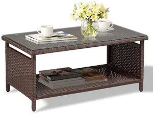 Outdoor Wicker CoffeeTable Patio Coffee Tables for Outside, Tempered Glass Top Wicker Table with Storage Coffee Table for Patio Balcony Porch Deck (Brown) Outdoor Wicker CoffeeTable Patio Coffee Tables for Outside, Tempered Glass Top Wicker Table with Storage Coffee Table for Patio Balcony Porch Deck (Brown)