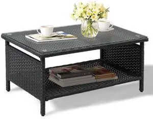 Outdoor Wicker CoffeeTable Patio Coffee Tables for Outside, Tempered Glass Top Wicker Table with Storage Coffee Table for Patio Balcony Porch Deck (Black) Outdoor Wicker CoffeeTable Patio Coffee Tables for Outside, Tempered Glass Top Wicker Table with Storage Coffee Table for Patio Balcony Porch Deck (Black)