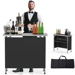 Portable Bar Table, 2-Tier Shelves, Mobile Bar Table for Events, Party, Camping, Picnic, Tradeshow, Indoor with Black Skirt, 39 "L x 34" H Portable Bar Table, 2-Tier Shelves, Mobile Bar Table for Events, Party, Camping, Picnic, Tradeshow, Indoor with Black Skirt, 39 "L x 34" H
