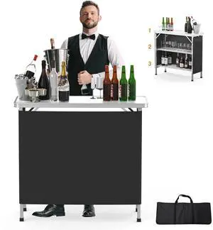 Portable Bar Table, 3-Tier Shelves, Mobile Bar Table for Events, Party, Camping, Picnic, Tradeshow, Indoor with Black Skirt, 39 "L x 34" H Portable Bar Table, 3-Tier Shelves, Mobile Bar Table for Events, Party, Camping, Picnic, Tradeshow, Indoor with Black Skirt, 39 "L x 34" H