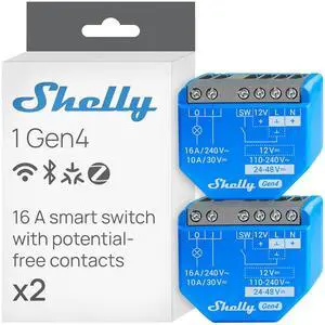 Shelly 1 Gen4, Smart Wi-Fi & Matter Relay Switch with Dry Contacts, 2 Pack | Wi-Fi, Zigbee and Matter, Dry Contacts, 1-Channel 16A, Alexa, SmartThings, Google Home, Apple HomeKit Compatible Shelly 1 Gen4, Smart Wi-Fi & Matter Relay Switch with Dry Contacts, 2 Pack | Wi-Fi, Zigbee and Matter, Dry Contacts, 1-Channel 16A, Alexa, SmartThings, Google Home, Apple HomeKit Compatible