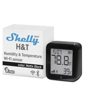 Shelly H&T Gen3 Black Smart Wi-Fi & Bluetooth Temperature & Humidity Sensor | Wi-Fi and Bluetooth, Remote App Control & Monitoring, Smart Scenes, Notification Alerts, LCD Display, Data Storage Export Shelly H&T Gen3 Black Smart Wi-Fi & Bluetooth Temperature & Humidity Sensor | Wi-Fi and Bluetooth, Remote App Control & Monitoring, Smart Scenes, Notification Alerts, LCD Display, Data Storage Export