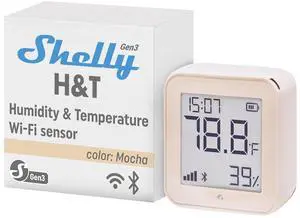 Shelly H&T Gen3 Mocha Smart Wi-Fi & Bluetooth Temperature & Humidity Sensor | Wi-Fi and Bluetooth Smart, Remote App Control and Monitoring, Notification Alerts, LCD Display, Free Data Storage Export Shelly H&T Gen3 Mocha Smart Wi-Fi & Bluetooth Temperature & Humidity Sensor | Wi-Fi and Bluetooth Smart, Remote App Control and Monitoring, Notification Alerts, LCD Display, Free Data Storage Export