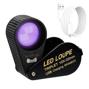 10X Rechargeable Jewelers Loupe, Dual Light (LED & UV) Jewelry Magnifier, Portable Pocket Magnifying Glass with Triplet Lens for Gemstone Inspection, Coins, Stamps, Watches 10X Rechargeable Jewelers Loupe, Dual Light (LED & UV) Jewelry Magnifier, Portable Pocket Magnifying Glass with Triplet Lens for Gemstone Inspection, Coins, Stamps, Watches