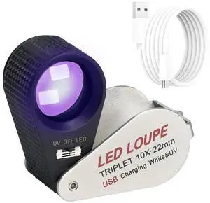 Illuminated Jewelers Loupe Magnifier 10x, Rechargeable Jewelers Loupe Foldable Jewelry Magnifier LED Loupe Triplet with 6 LEDs & UV Light for Gems, Jewelry, Coins, Stamps, etc Illuminated Jewelers Loupe Magnifier 10x, Rechargeable Jewelers Loupe Foldable Jewelry Magnifier LED Loupe Triplet with 6 LEDs & UV Light for Gems, Jewelry, Coins, Stamps, etc