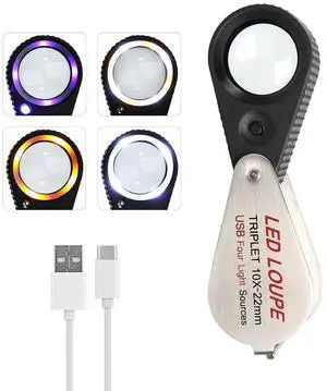 10X Rechargeable Jewelers Loupe, Jewelry Loupe with UV & LED Light, Foldable Hasting Triplet Magnifier, Illuminated Eye Loop Jewelry Magnifying Glass for Gemstone, Coins and Stamps(4 Lights Mode) 10X Rechargeable Jewelers Loupe, Jewelry Loupe with UV & LED Light, Foldable Hasting Triplet Magnifier, Illuminated Eye Loop Jewelry Magnifying Glass for Gemstone, Coins and Stamps(4 Lights Mode)