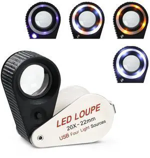 Rechargeable Jewelers Loupe 20X, Jewelry Loupe with UV & LED Light, Foldable Hasting Triplet Magnifier, Illuminated Eye Loop Jewelry Magnifying Glass for Gemstone, Coins and Stamps(4 Lights Mode) Rechargeable Jewelers Loupe 20X, Jewelry Loupe with UV & LED Light, Foldable Hasting Triplet Magnifier, Illuminated Eye Loop Jewelry Magnifying Glass for Gemstone, Coins and Stamps(4 Lights Mode)