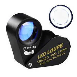 Illuminated Jewelers Loupe Magnifier, Foldable Jewelry Magnifier with 6 LED & UV Lights, Hastings Triplet Loupe 10X for Gems, Jewelry, Coins, Stamps, etc Illuminated Jewelers Loupe Magnifier, Foldable Jewelry Magnifier with 6 LED & UV Lights, Hastings Triplet Loupe 10X for Gems, Jewelry, Coins, Stamps, etc