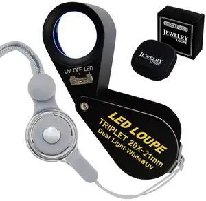 Jewelry Loupe 20X 21mm Triplet Lens Foldable Pocket Magnifying Glass with LED UV Light, Jewelers Loupe with Case Cloth Lanyard for Diamonds Gemstones Coins Stamps Jewelry Loupe 20X 21mm Triplet Lens Foldable Pocket Magnifying Glass with LED UV Light, Jewelers Loupe with Case Cloth Lanyard for Diamonds Gemstones Coins Stamps