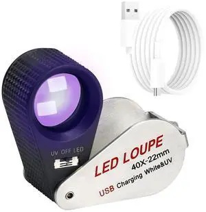 Illuminated Jewelers Loupe Magnifier 40x, Rechargeable Jewelers Loupe Foldable Jewelry Magnifier LED Loupe with 6 LEDs & UV Light for Gems, Jewelry, Coins, Stamps, etc Illuminated Jewelers Loupe Magnifier 40x, Rechargeable Jewelers Loupe Foldable Jewelry Magnifier LED Loupe with 6 LEDs & UV Light for Gems, Jewelry, Coins, Stamps, etc