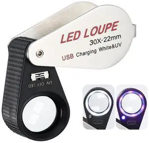 Illuminated Jewelers Loupe Magnifier 30x, Rechargeable Jewelers Loupe Foldable Jewelry Magnifier LED Loupe with 6 LEDs & UV Light for Gems, Jewelry, Coins, Stamps, etc Illuminated Jewelers Loupe Magnifier 30x, Rechargeable Jewelers Loupe Foldable Jewelry Magnifier LED Loupe with 6 LEDs & UV Light for Gems, Jewelry, Coins, Stamps, etc