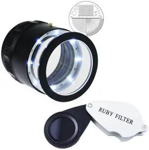 10X Illuminated Jewelers Loupe Magnifier with Interchangeable Reticle Scale, LED Light, 25mm Field of View, Foldable Ruby Filter Identification Tool for Emerald and Gemstones 10X Illuminated Jewelers Loupe Magnifier with Interchangeable Reticle Scale, LED Light, 25mm Field of View, Foldable Ruby Filter Identification Tool for Emerald and Gemstones