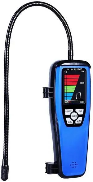 HVAC Refrigerant Leak Detector Heated Diode Portable 17' Goosneck Probe Sensor Freon Leak Detector with Audible, Visual Alarm and LCD Bar Graph Display HVAC Refrigerant Leak Detector Heated Diode Portable 17' Goosneck Probe Sensor Freon Leak Detector with Audible, Visual Alarm and LCD Bar Graph Display