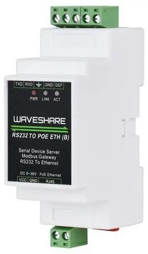 Waveshare Industrial Serial Server, RS232 to RJ45 Ethernet, TCP/IP to Serial, Rail-Mount Support, with POE Function Waveshare Industrial Serial Server, RS232 to RJ45 Ethernet, TCP/IP to Serial, Rail-Mount Support, with POE Function