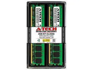 A-Tech 4GB (2x2GB) DDR2 800MHz UDIMM PC2-6400 CL6 1.8V DIMM Non-ECC Unbuffered Desktop RAM Memory Modules A-Tech 4GB (2x2GB) DDR2 800MHz UDIMM PC2-6400 CL6 1.8V DIMM Non-ECC Unbuffered Desktop RAM Memory Modules