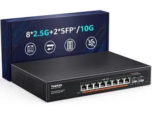 YuanLey 10 Port 2.5G PoE Switch Unmanaged, 8 x 2.5G Base-T PoE Ports, 2 x 10G SFP, IEEE802.3af/at, 120W, Compatible with 100/1000/2500Mbps, Metal Fanless, VLAN, Rack Mount 2.5Gbe Network Switch YuanLey 10 Port 2.5G PoE Switch Unmanaged, 8 x 2.5G Base-T PoE Ports, 2 x 10G SFP, IEEE802.3af/at, 120W, Compatible with 100/1000/2500Mbps, Metal Fanless, VLAN, Rack Mount 2.5Gbe Network Switch