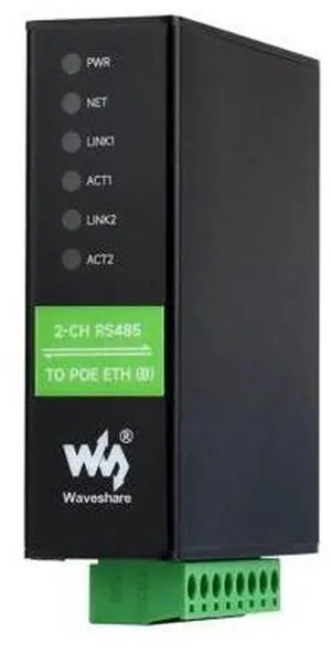 Waveshare 2-Ch RS485 to RJ45 Ethernet Serial Server, Dual Channels RS485 Independent Operation, Rail-Mount Industrial Isolated Serial Module, PoE Ethernet Port Waveshare 2-Ch RS485 to RJ45 Ethernet Serial Server, Dual Channels RS485 Independent Operation, Rail-Mount Industrial Isolated Serial Module, PoE Ethernet Port